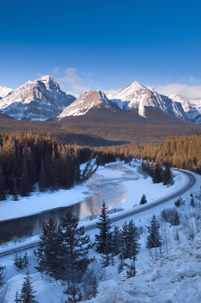 Lake Louise, Banff National Park, Rocky Mountains, Alberta, Canada, February 2012. A view over the Bow Valley and the railway near Lake Louise. The Rocky Mountains east of Calgary and Edmonton offer exiting winter sports and outdoor adventure activities in a spectacular landscape. Photo by Frits Meyst/Adventure4ever.com